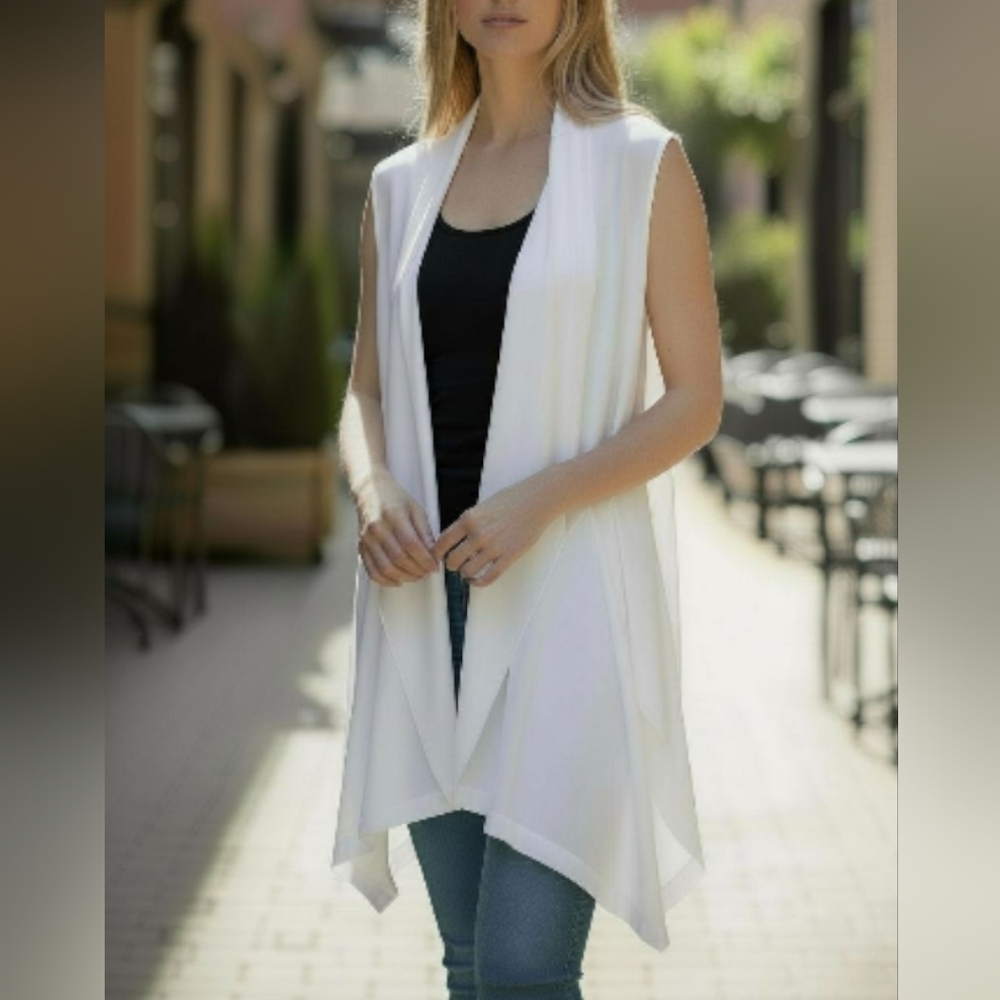 EUC Eddie Bauer Size XL White Open Front Sleeveless Draped Cardigan!